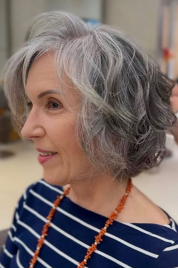 Silver Layered Bob With Side Swept Bangs Silver Layered Bob With Side Swept Bangs — Silver Bob