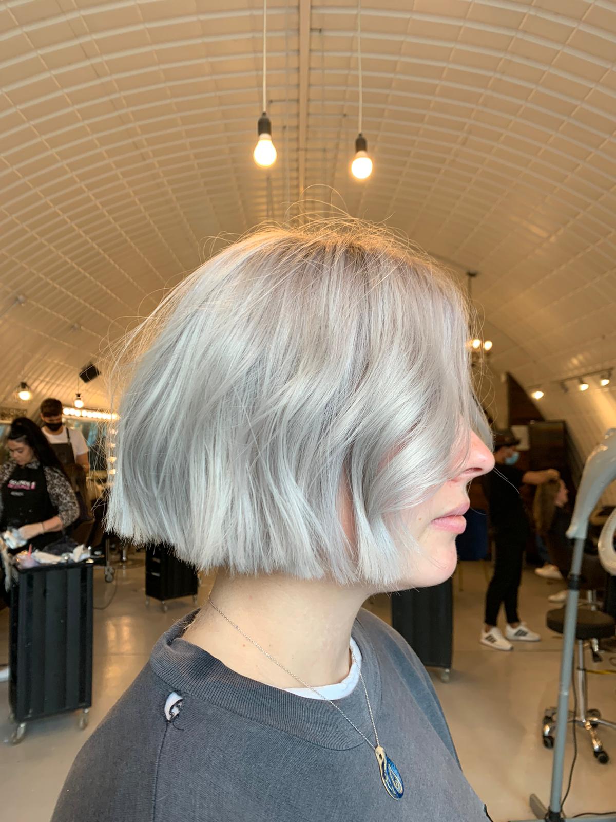 Collarbone Bob With Curtain Bangs And Root Shadow Collarbone Bob With Curtain Bangs And Root Shadow — Silver Bob