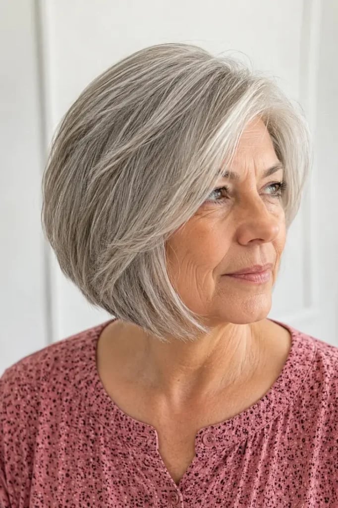 Thick Wavy Silver Bob With Soft Layers Thick Wavy Silver Bob With Soft Layers