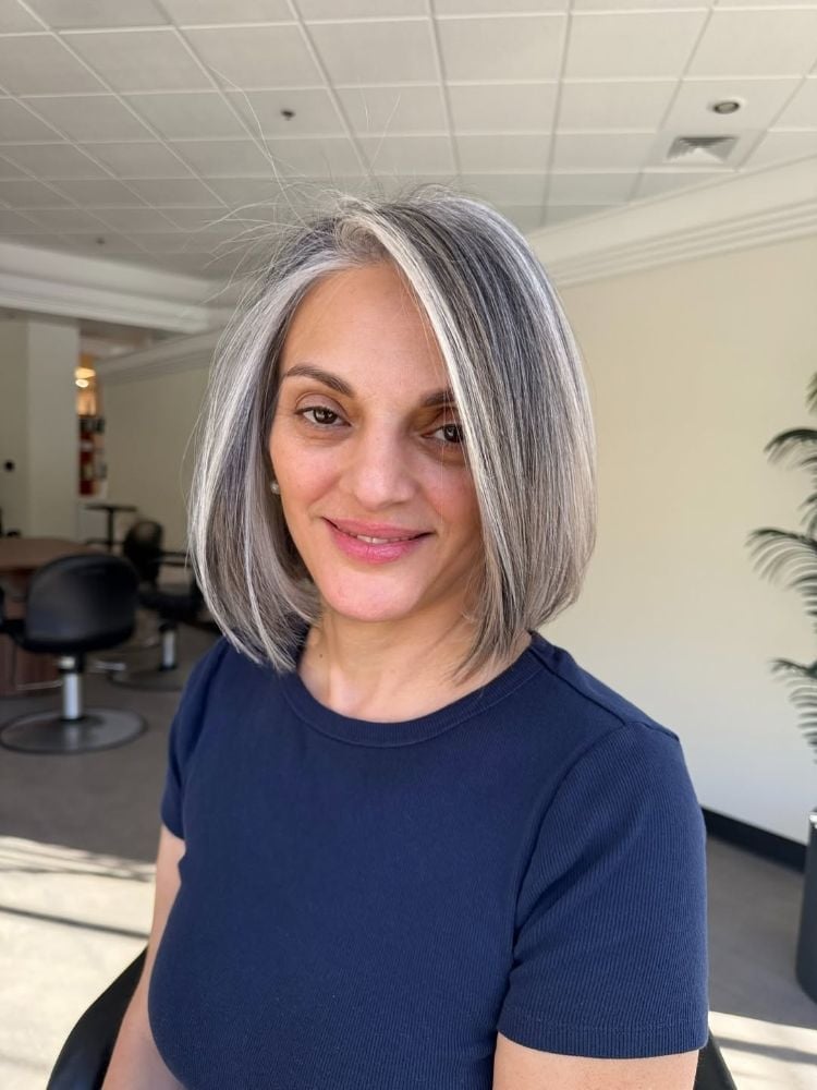 Collarbone Bob With Gray Highlights Collarbone Bob With Gray Highlights — Silver Bob