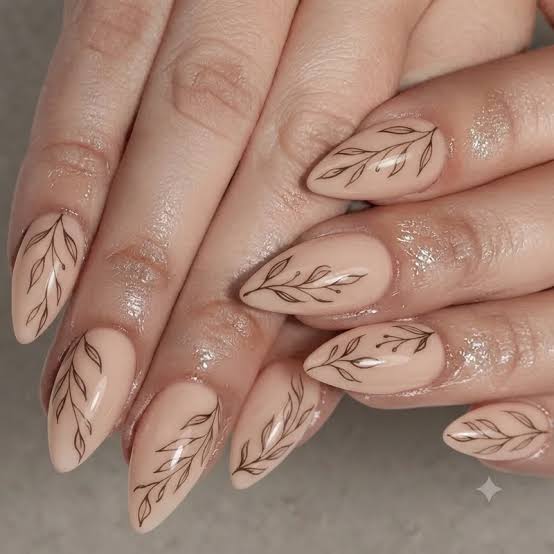 Long Stiletto Nude Beige With Brown Botanical Art — Simple Nails