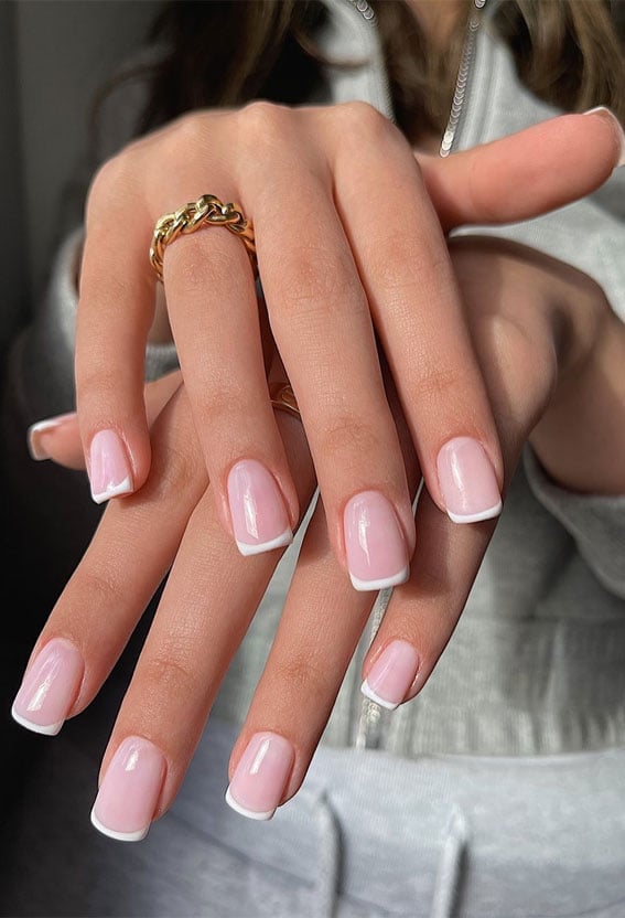 Short Square Sheer Pink With White French Tips, Glossy — Simple Nails