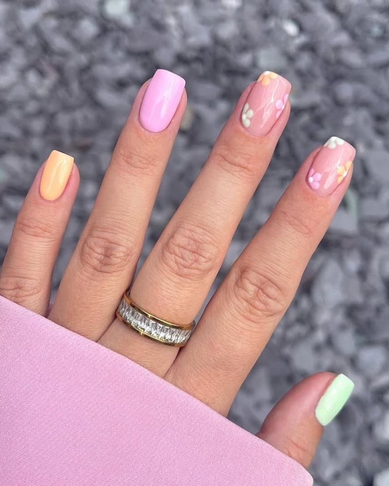 Short Square Pastel Floral Nails — Simple Nails