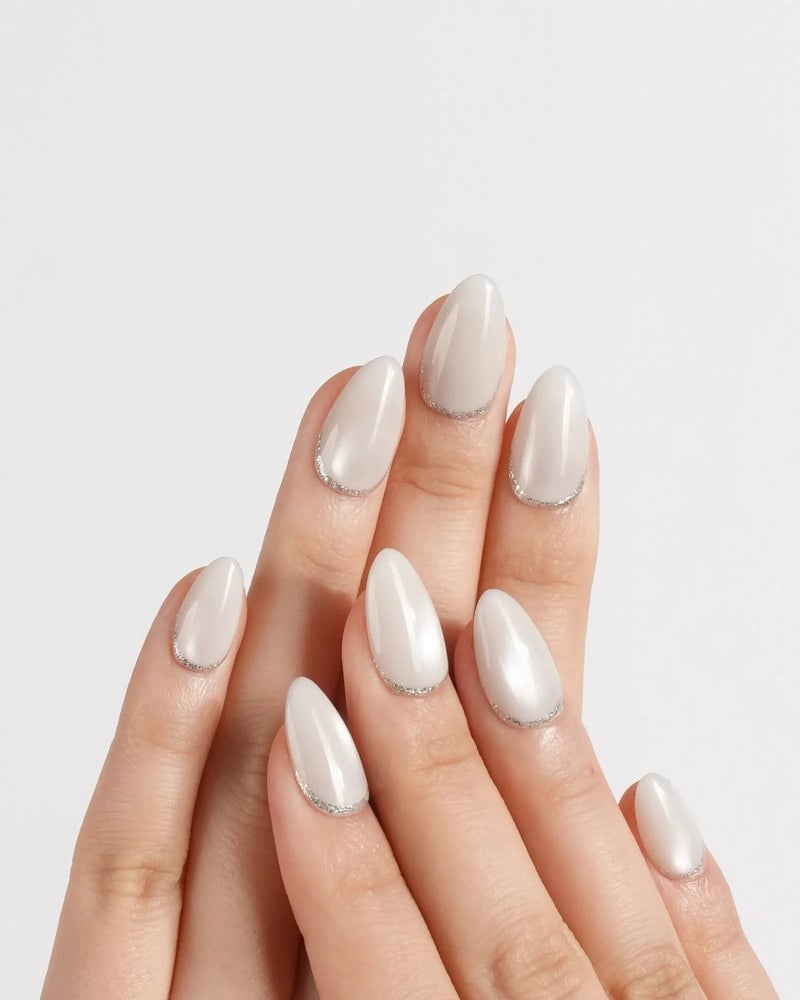 Short Almond Milky White With Silver Glitter Line — Simple Nails