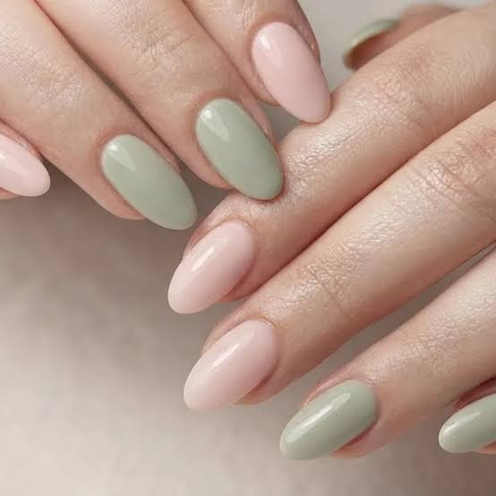 Medium Oval Color Block Pink And Sage Green — Simple Nails