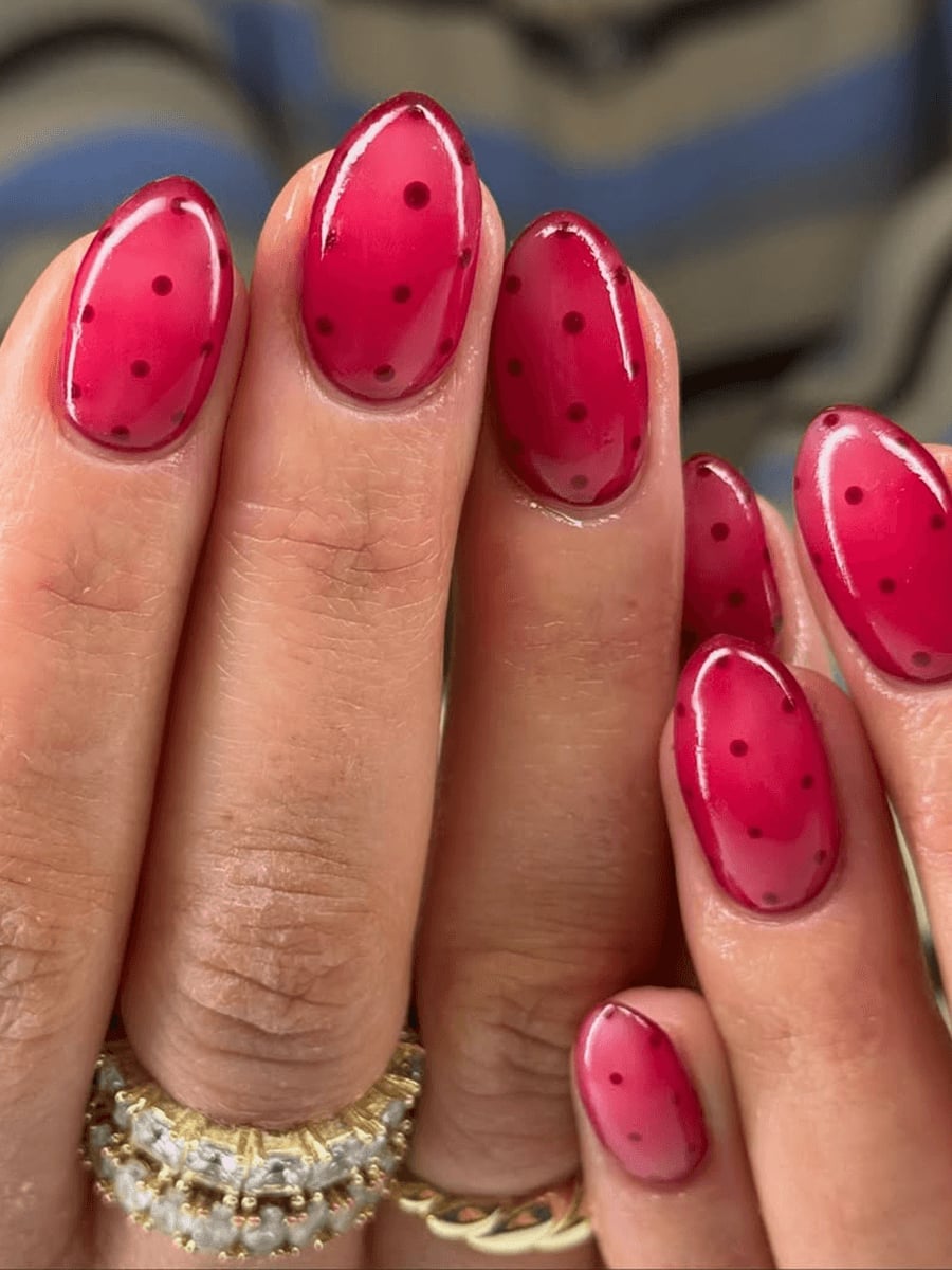 Short Oval Vibrant Red With Dark Red Dots — Simple Nails
