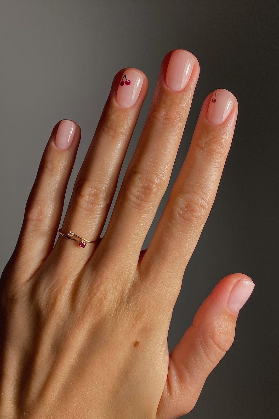 Short Almond Sheer Nude Pink With Cherry Art — Simple Nails
