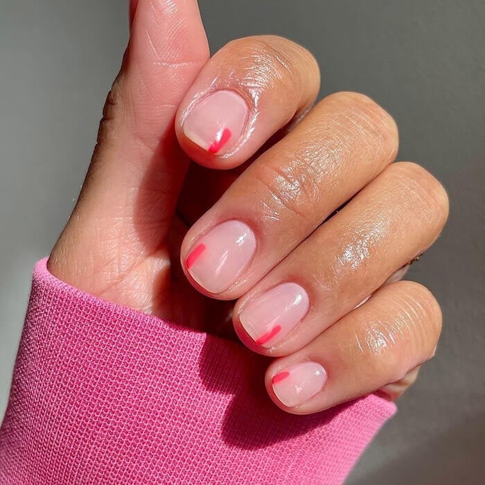 Short Square Sheer Pink With Red Line Tips — Simple Nails