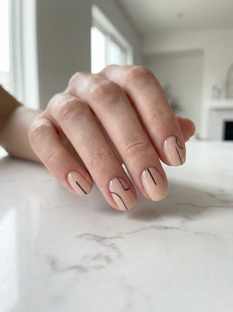 Short Square Sheer Nude With Black Line Art — Simple Nails