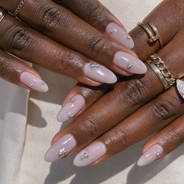 Medium Almond Milky Pink With Silver Rhinestones — Simple Nails