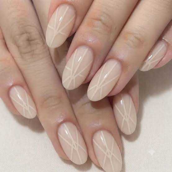 Medium Oval Sheer Nude With White Line Pattern — Simple Nails