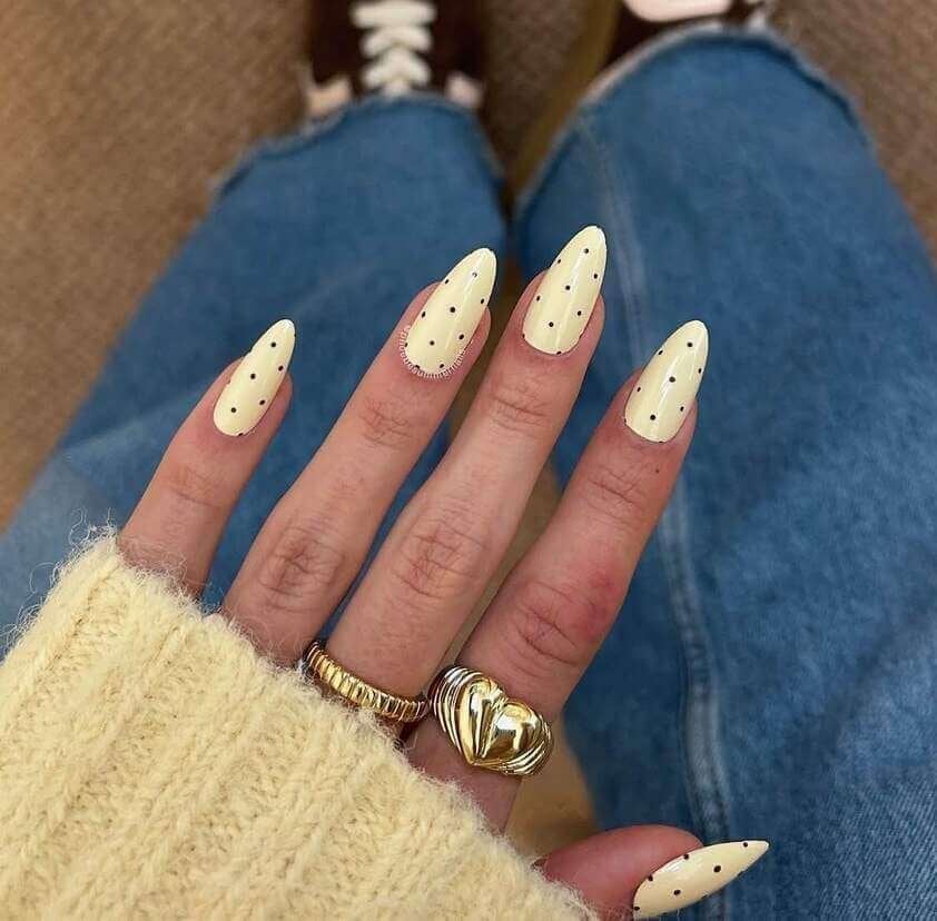Long Stiletto Pale Yellow With Black Polka Dots — Simple Nails