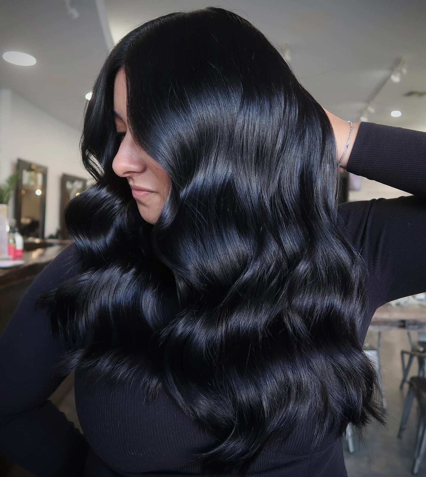 Side Profile Glossy Waves, Mid-Back — Soft Black Hair