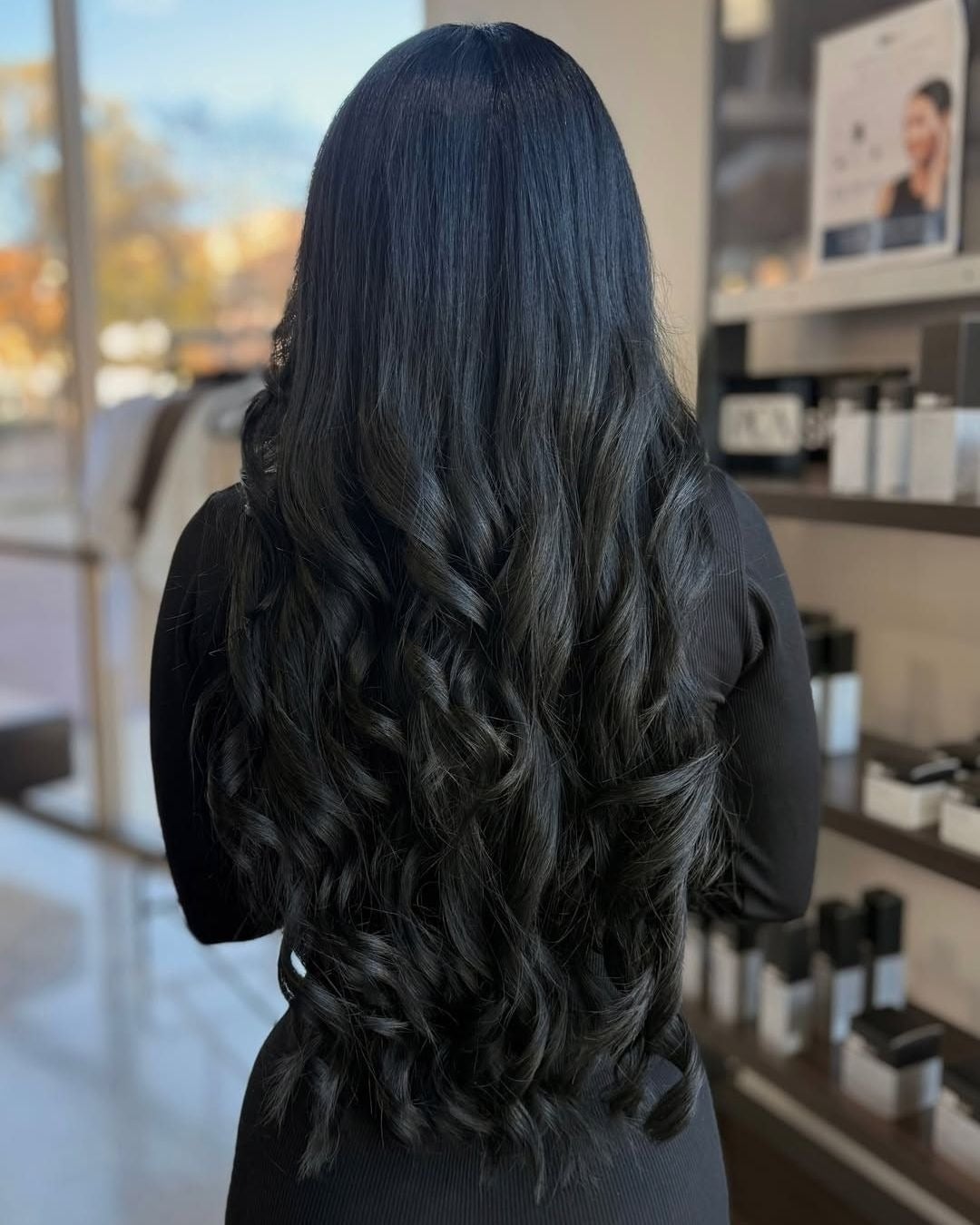 Back View Glossy Curls — Soft Black Hair