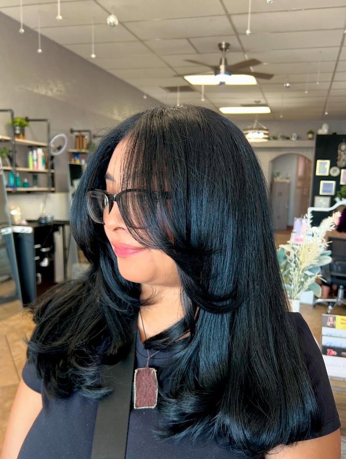 Shoulder Length Soft Black With Voluminous Blowout — Soft Black Hair