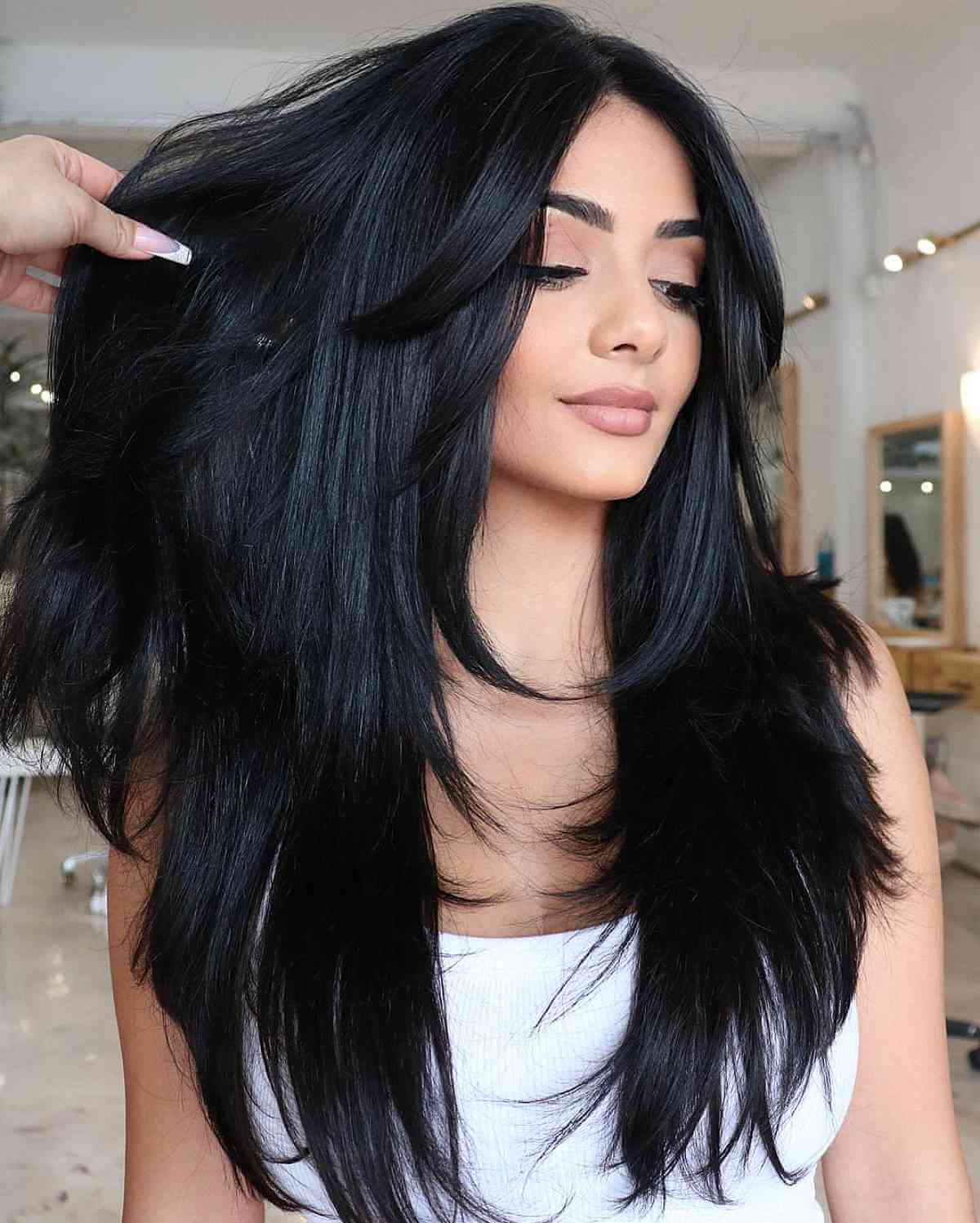 Collarbone Layers With Straight Blowout — Soft Black Hair