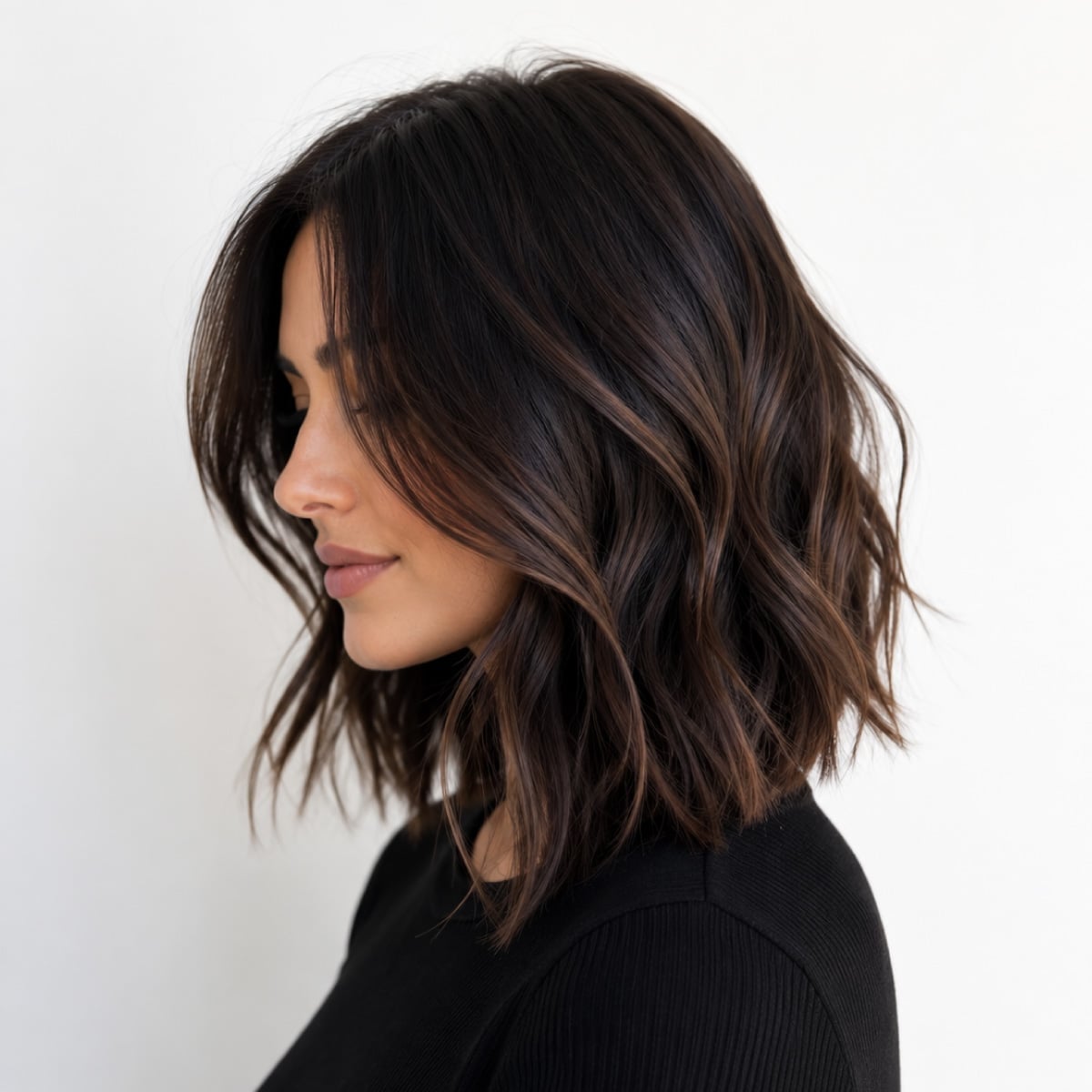 Side Part Lob With Subtle Highlights — Soft Black Hair
