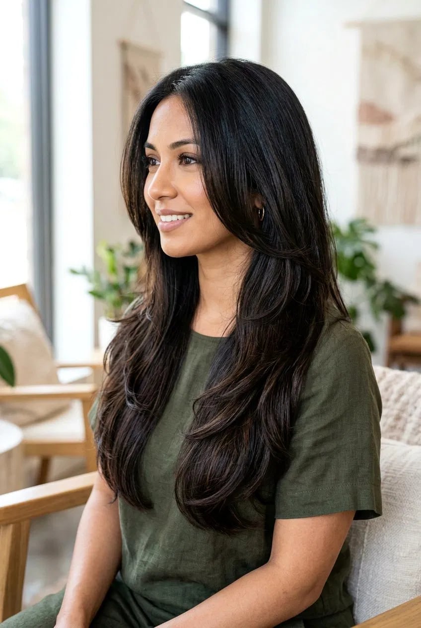 Mid-Back Length With Face-Framing Layers — Soft Black Hair
