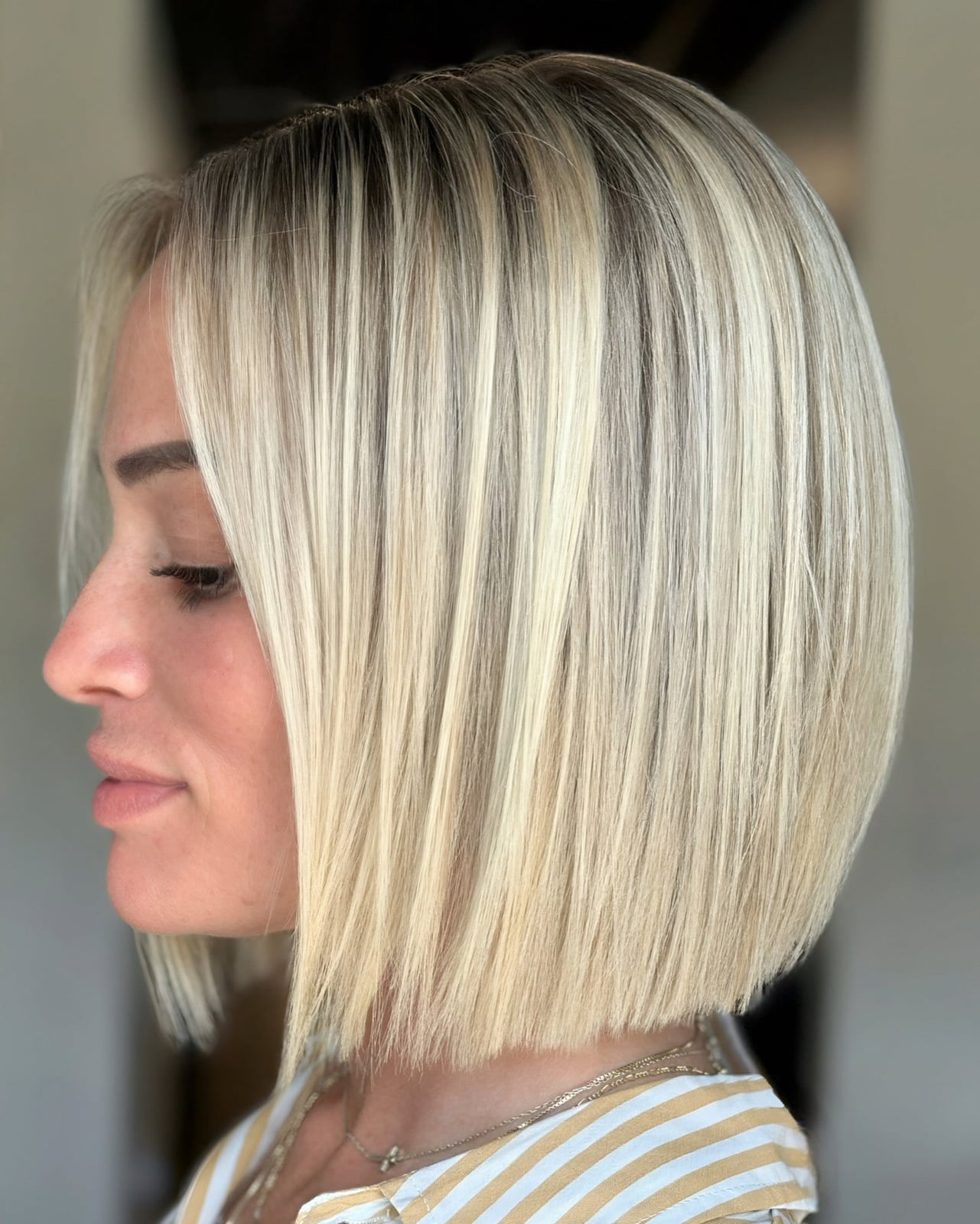 Chin Length Bob With One Length Edge And Ash Blonde — Soft Box Bob