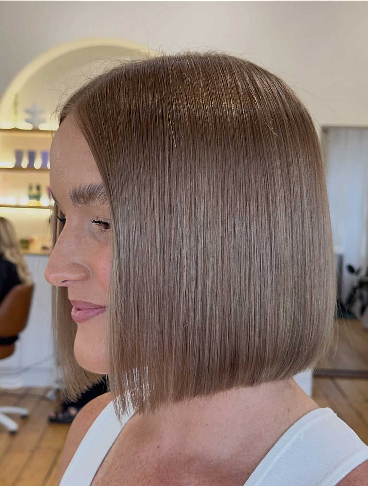 Blunt Ash Blonde Bob With Clean Lines — Soft Box Bob