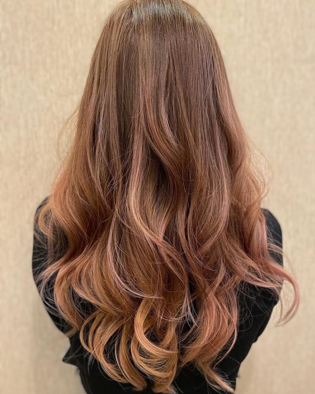 Mid-Back Dark Brown With Rose Gold Balayage Mid-Back Dark Brown With Rose Gold Balayage — Sombre Hair