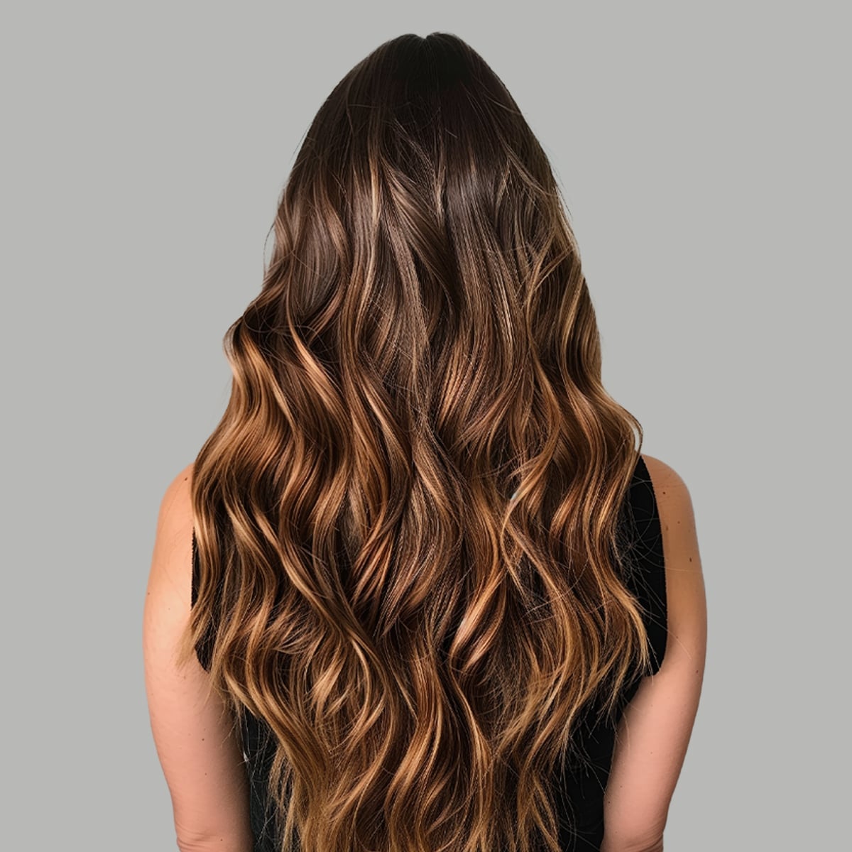 Mid-Back Dark Brown With Natural Caramel Sombre, Showcasing A Glossy Mid-Back Dark Brown With Natural Caramel Sombre, Showcasing A Glossy — Sombre Hair