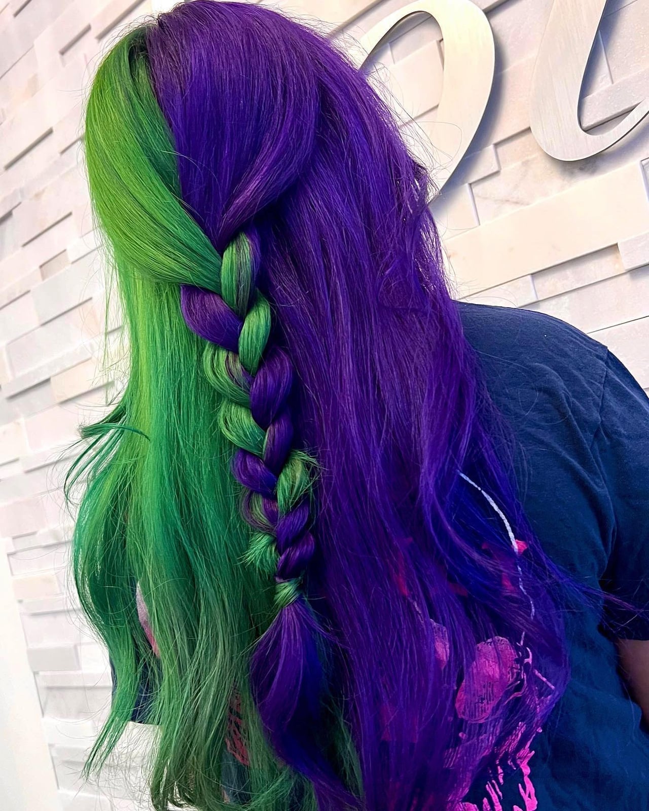 Mid-Back Waves With Neon Green And Deep Purple Split Dye And Braid — Split Dye Hair