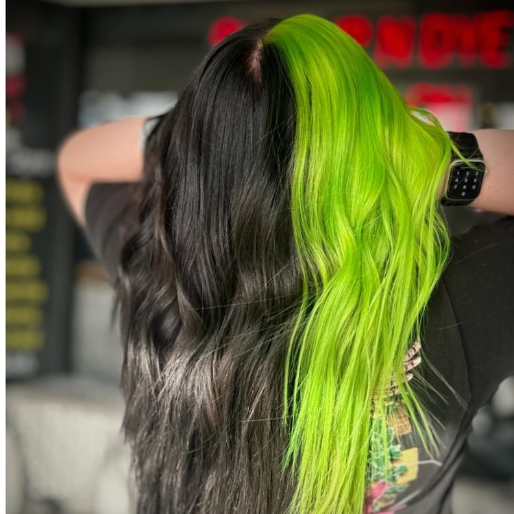 Long Wavy Hair With Black And Neon Green Split Dye — Split Dye Hair