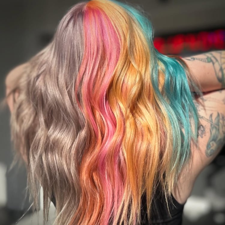 Mid-Back Waves With Pink And Orange Split Dye On Blonde Base — Split Dye Hair
