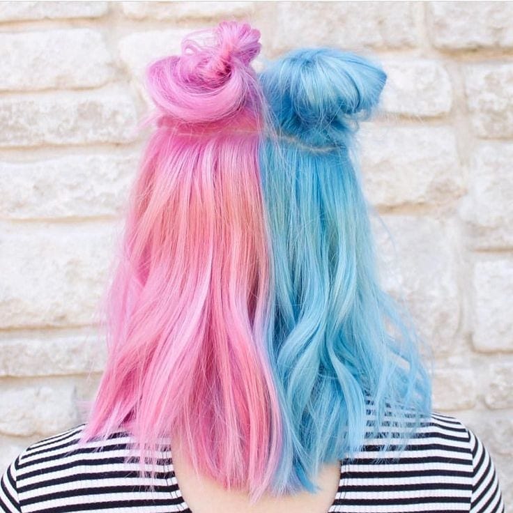 Collarbone Lob In Space Buns With Pink And Blue Split Dye — Split Dye Hair