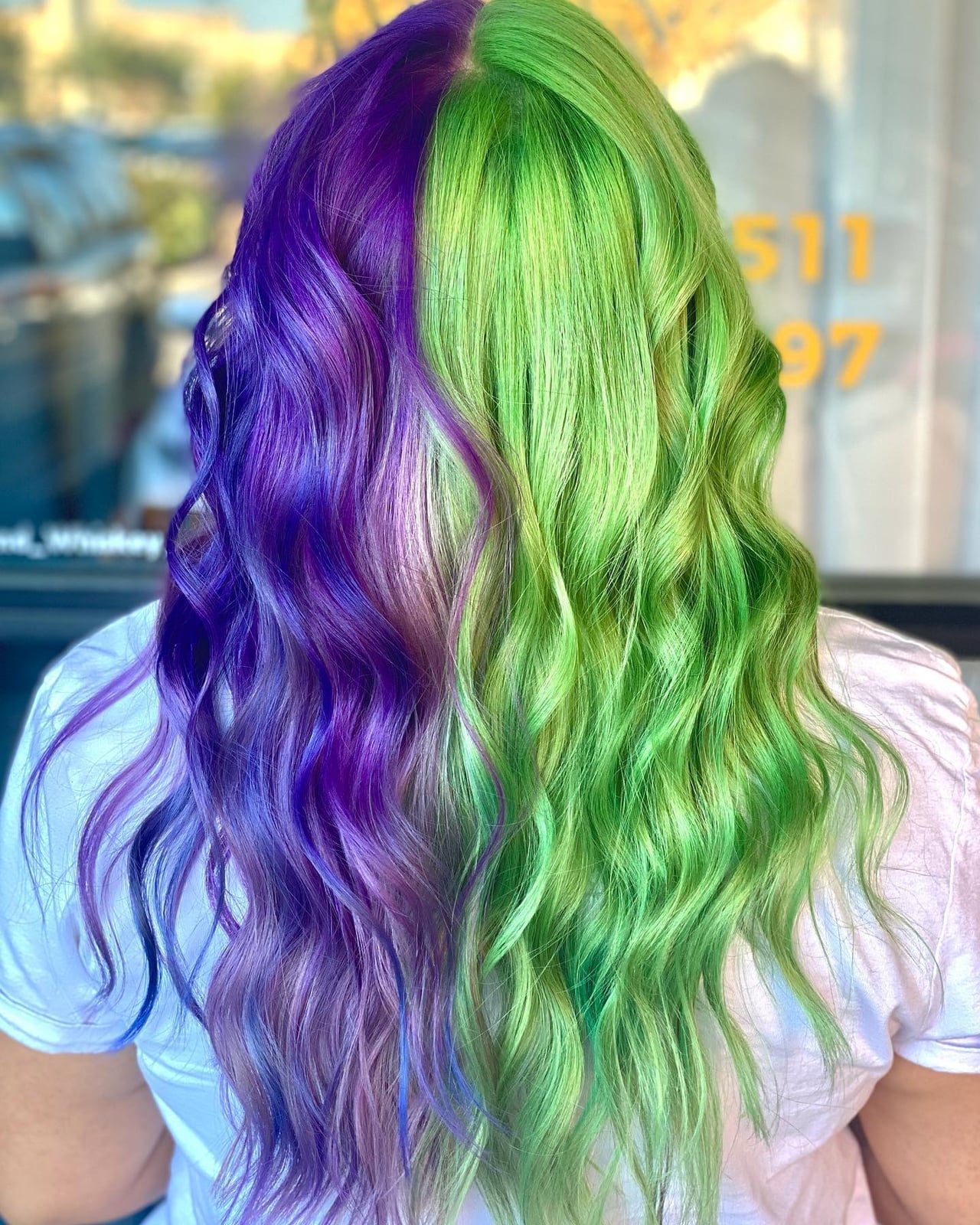Mid-Back Waves With Neon Green And Purple Blue Split Dye, Long Layers — Split Dye Hair