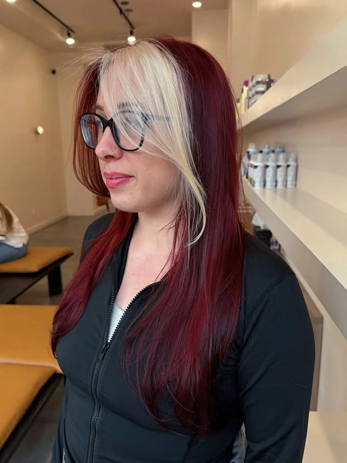 Shoulder Length Straight Hair With Dark Red Base And Blonde Section — Split Dye Hair