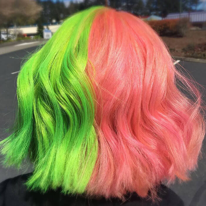 Wavy Bob With Neon Green And Pink Split Dye — Split Dye Hair