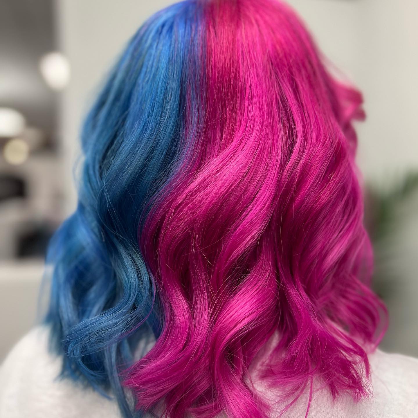 Chin Length Bob With Blue And Pink Split Dye — Split Dye Hair