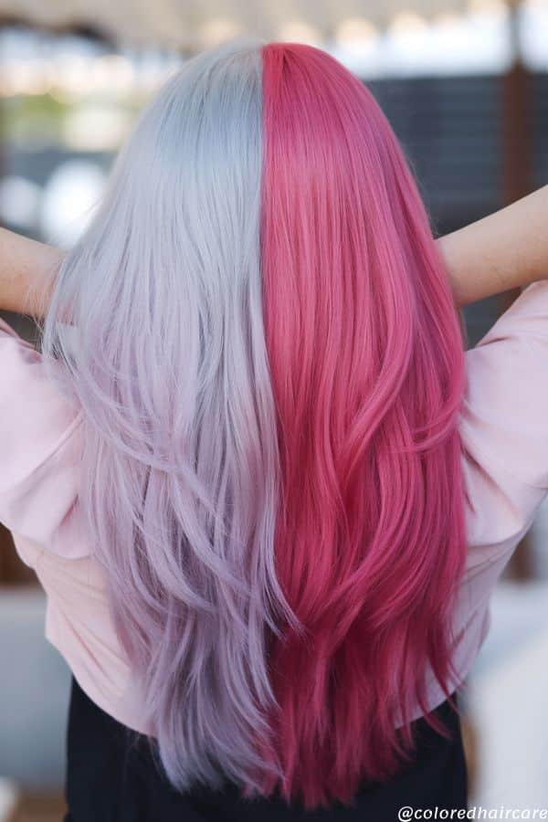 Mid-Back Waves With Hot Pink And Light Purple Split Dye — Split Dye Hair
