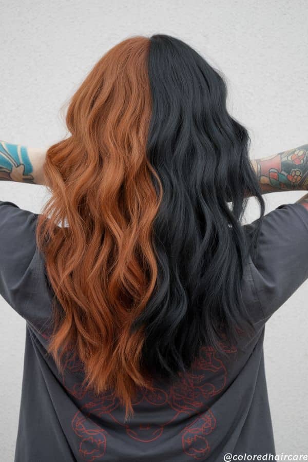 Mid-Back Waves With Copper Orange And Black Split Dye — Split Dye Hair