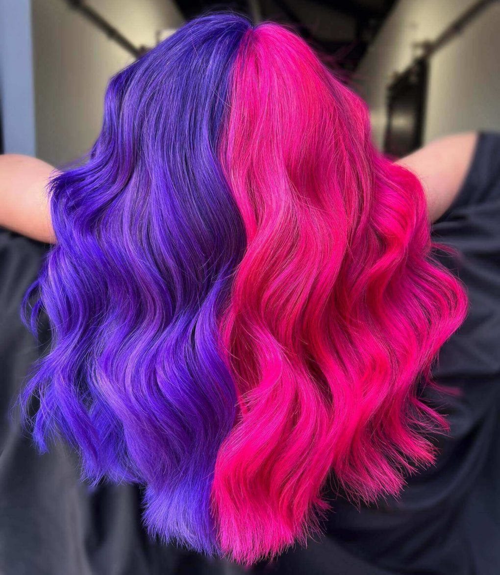 Mid-Back Waves With Vivid Purple And Hot Pink Split Dye, Close-Up Take — Split Dye Hair