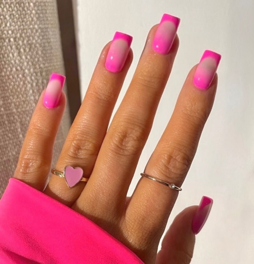 Hot Pink To Sheer Pink Gradient French Tips Hot Pink To Sheer Pink Gradient French Tips — Square Nails