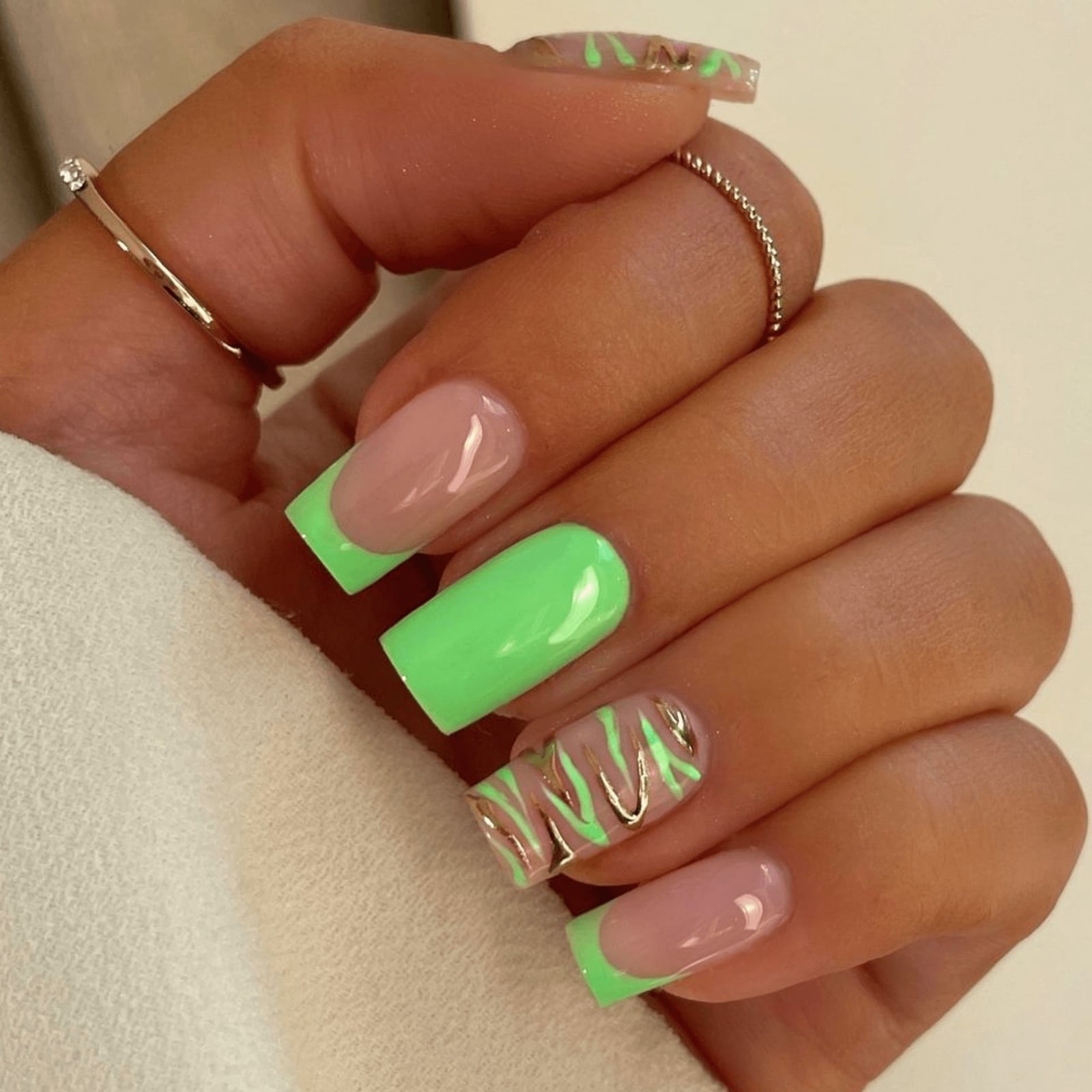 Long Square Nails With Neon Green French Long Square Nails With Neon Green French