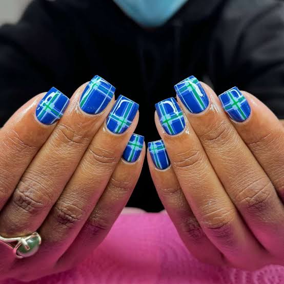 Short Square Royal Blue Plaid Nails Short Square Royal Blue Plaid Nails — Square Nails
