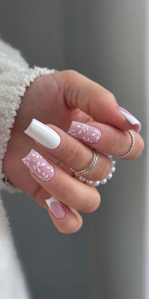 Short Square French With White Leaf Art Short Square French With White Leaf Art — Square Nails