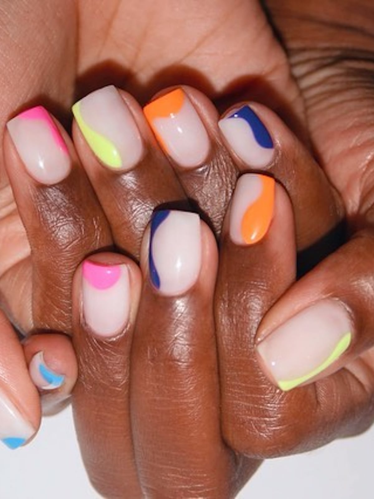 Short Square Nude With Neon Color Block Tips Short Square Nude With Neon Color Block Tips — Square Nails