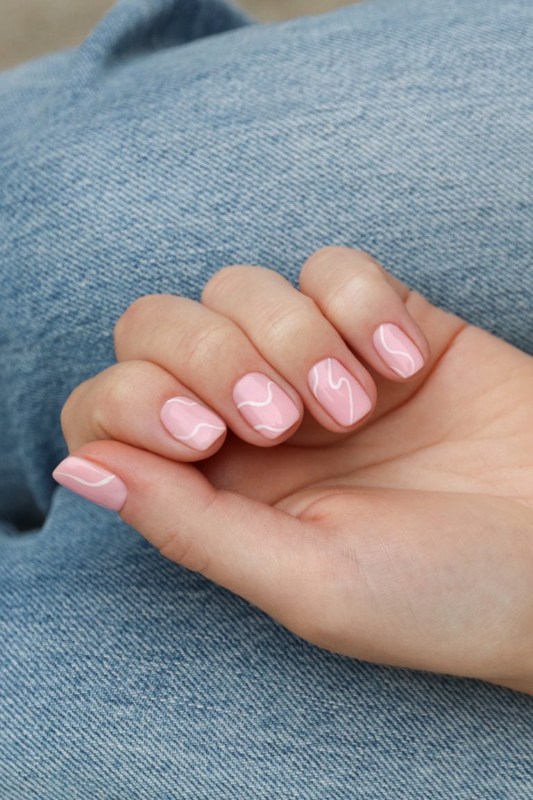 Short Square Light Pink With Line Art Short Square Light Pink With Line Art — Square Nails