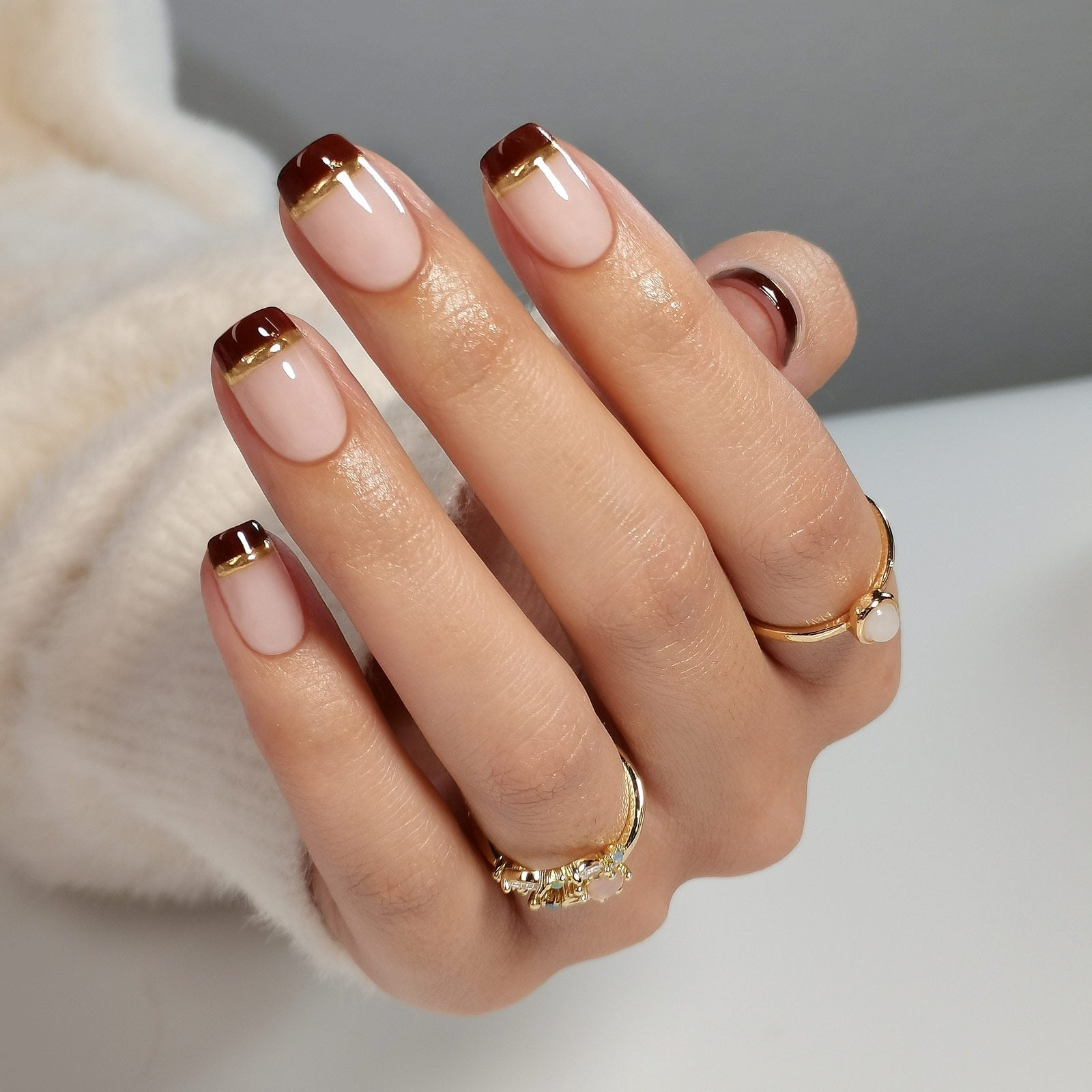 Sheer Nude Square Nails With Dark Brown Gold French Sheer Nude Square Nails With Dark Brown Gold French