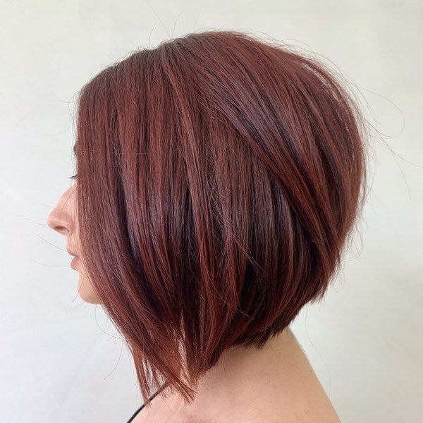 Dark Red Stacked Bob With Collarbone Layers, Side Swept