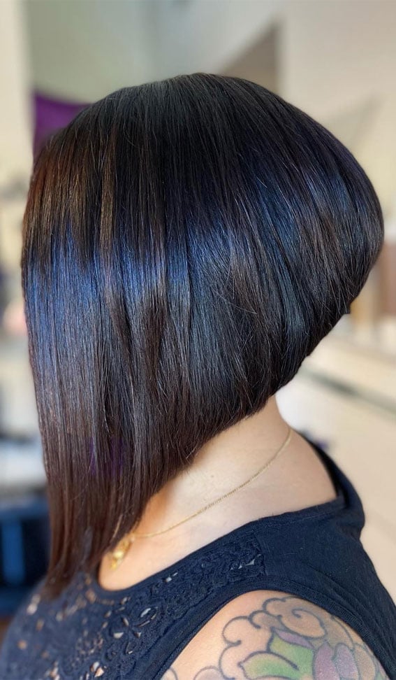 Dark Brown Angled Stacked Bob With Violet Tones
