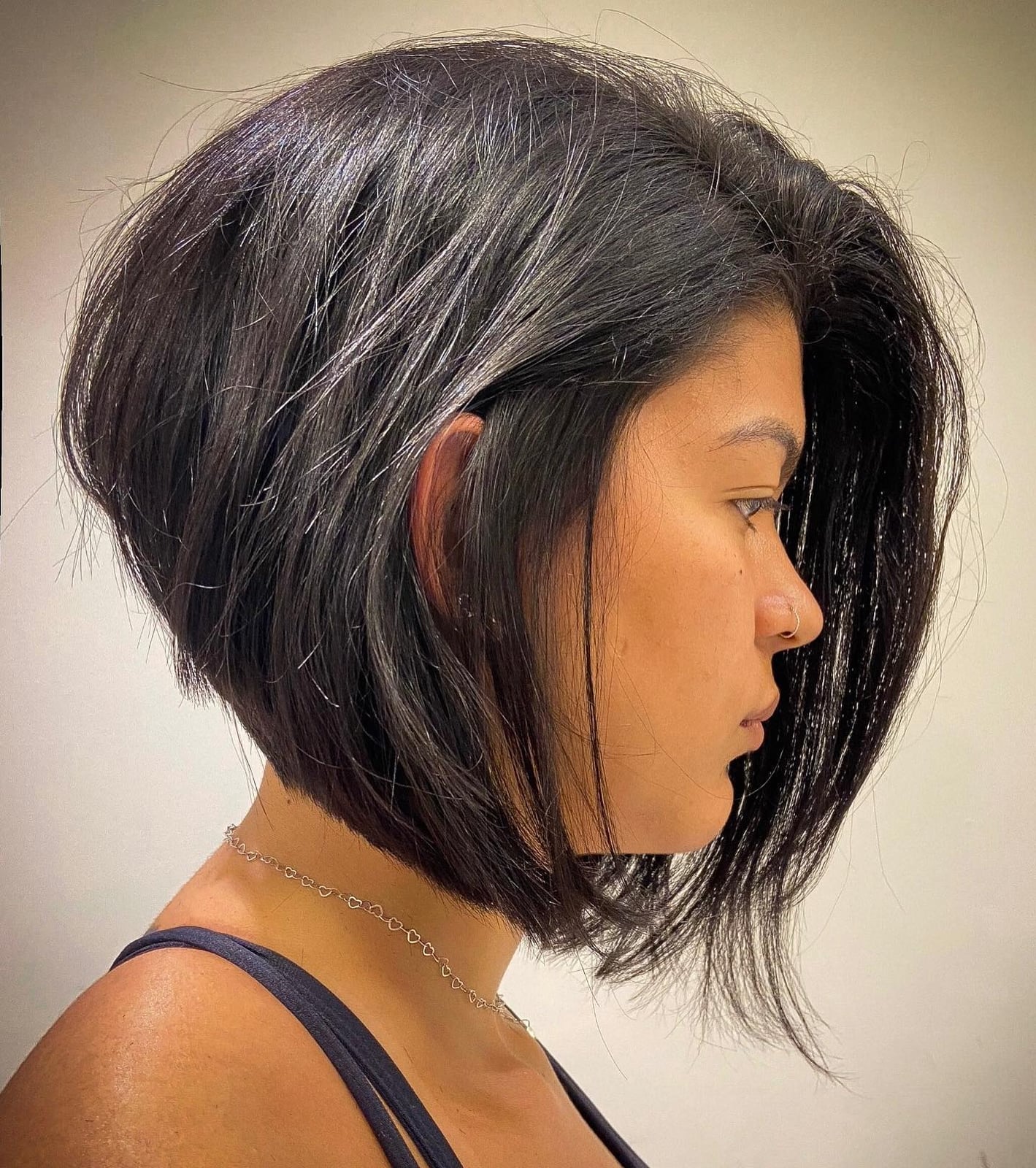 Dark Brown Chin Length Stacked Bob With Volume