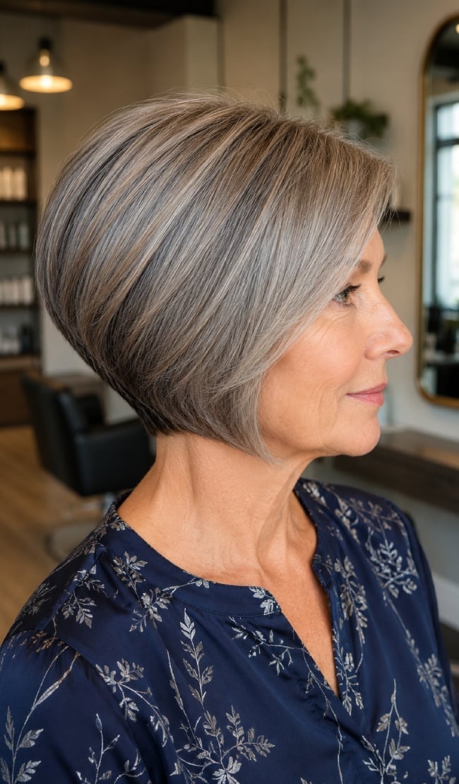 Gray Blonde Stacked Bob With Voluminous Blowout