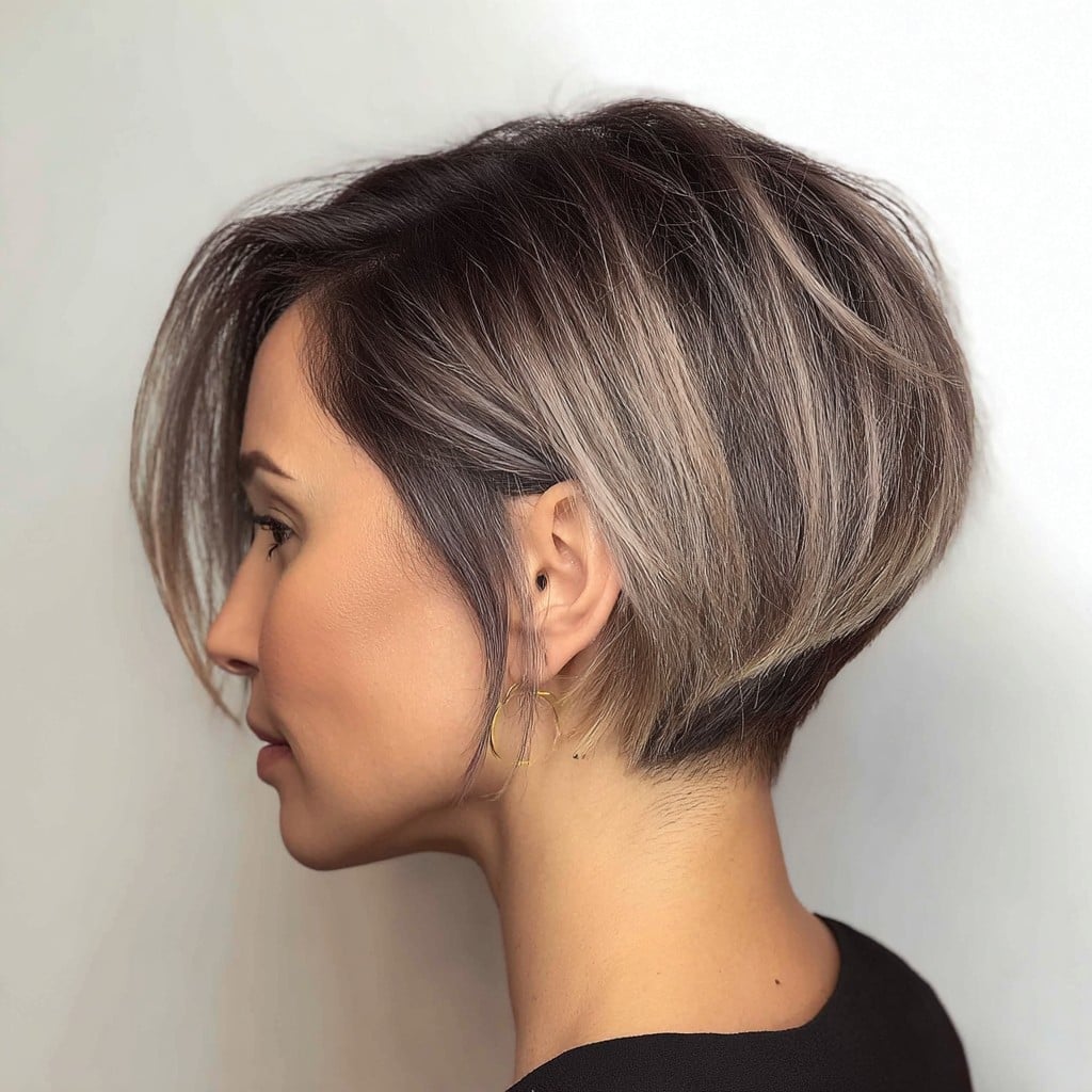 Dark Brown Stacked Bob With Side Swept Bangs