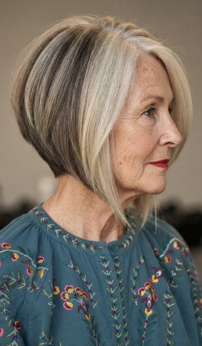 Blonde Inverted Stacked Bob With Dark Roots